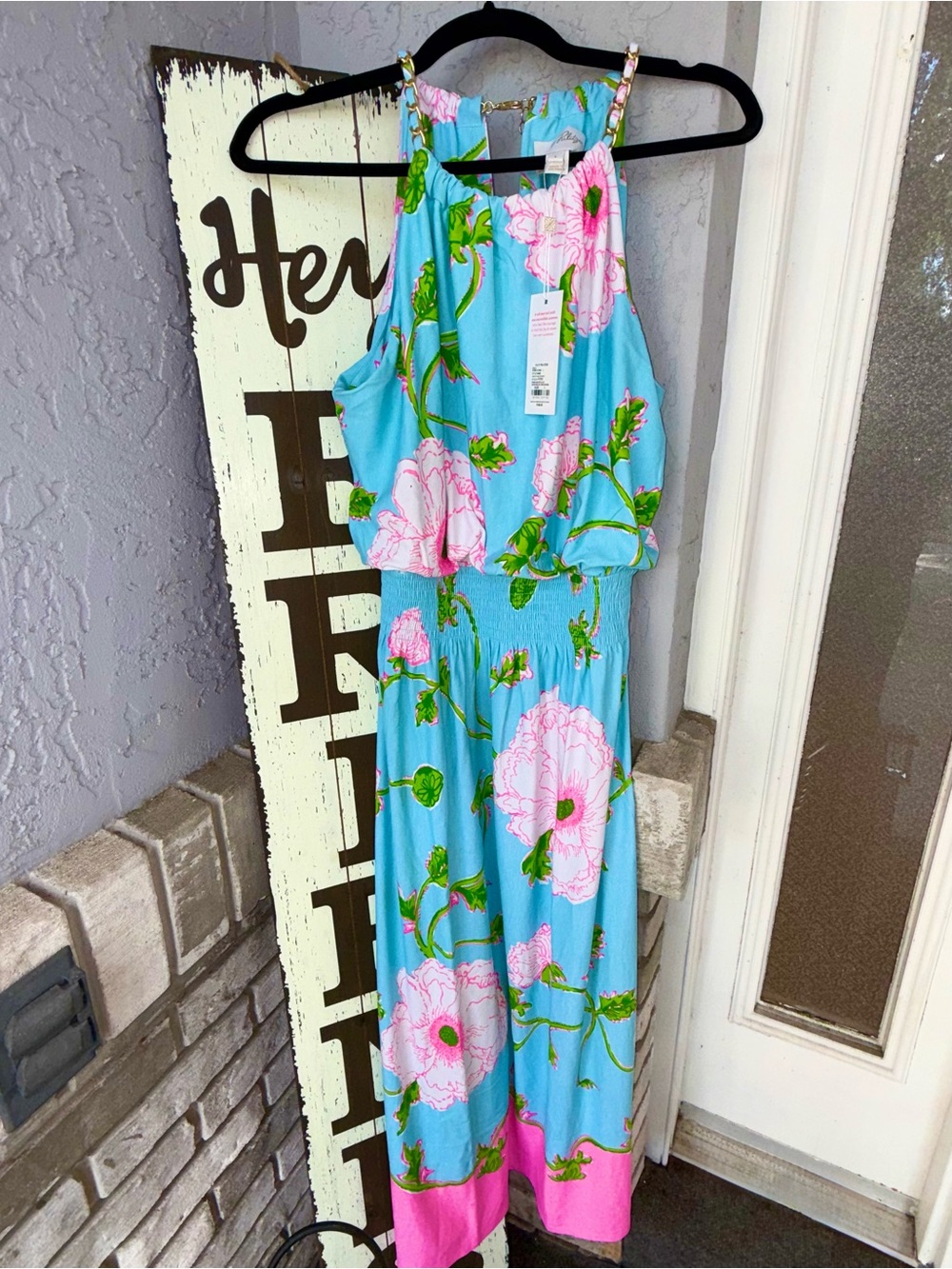 NWT Lilly Pulitzer Blue Floral dress with Pink Hem